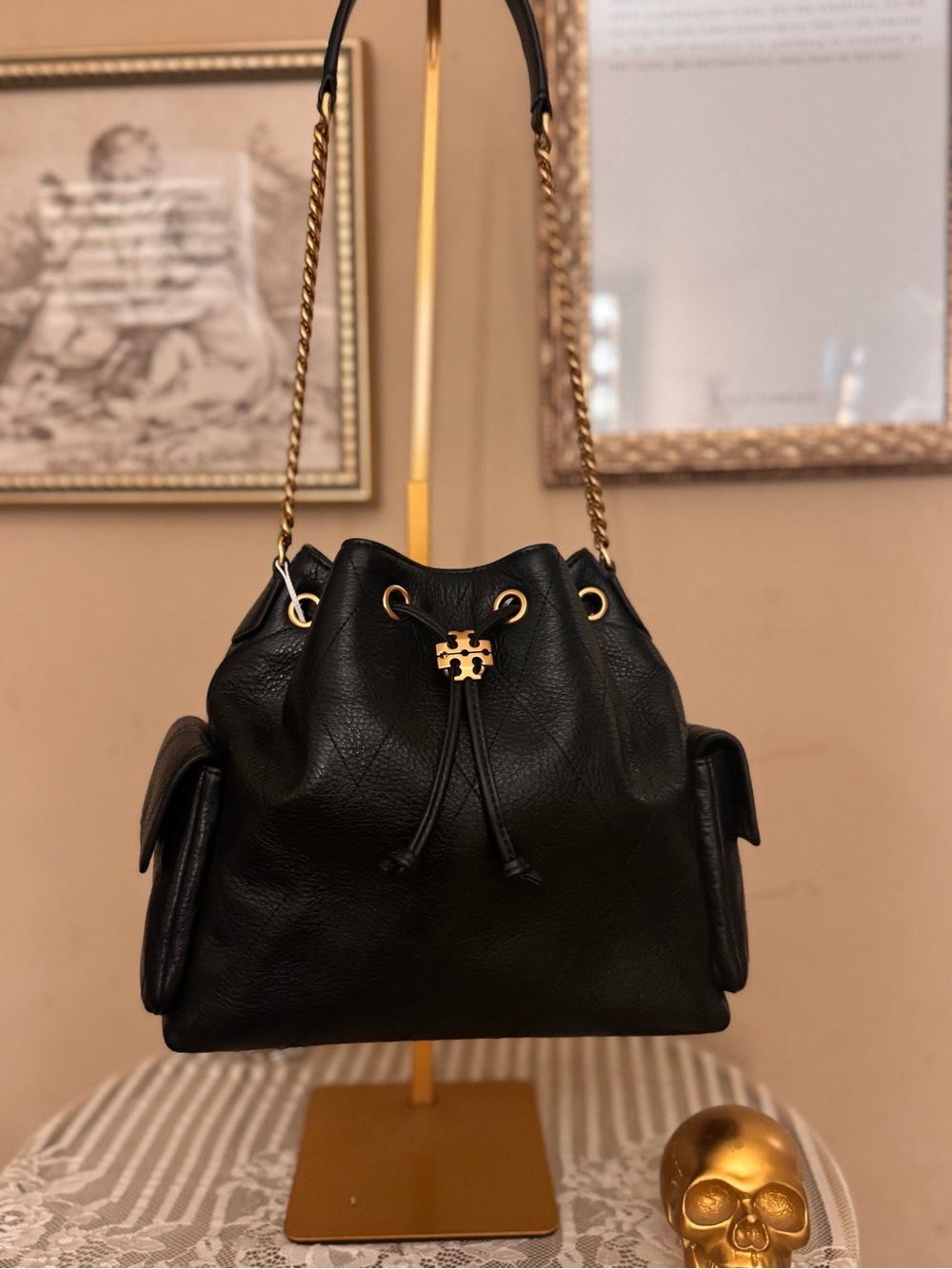 Tory Burch Black Leather Charlie Drawstring Shoulder Bag - small